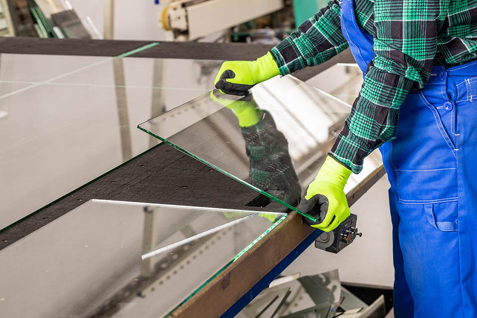Der Glaser entnimmt das geschnittene Glas vom Spezialtisch in der Glasfabrik, Schneiden von Glasscheiben